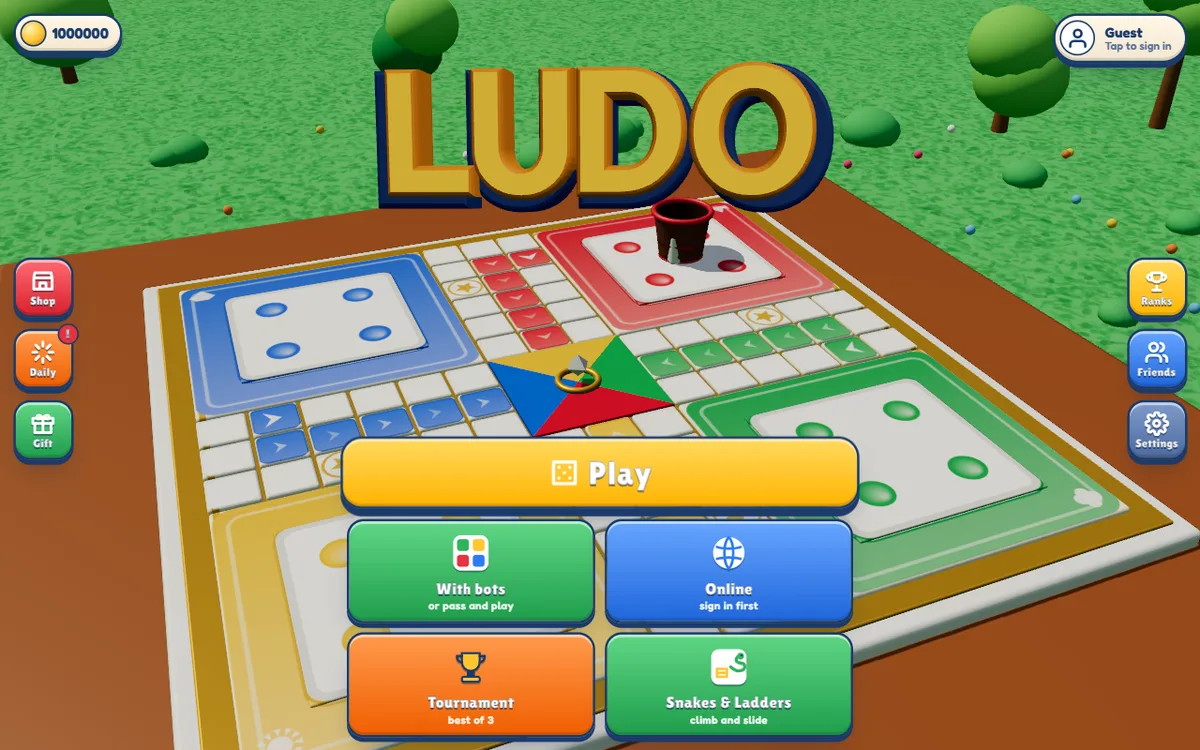The Ludo 3D home screen: a 3D board on a table in a garden, with Play, With bots, Online, Tournament and Snakes & Ladders buttons.