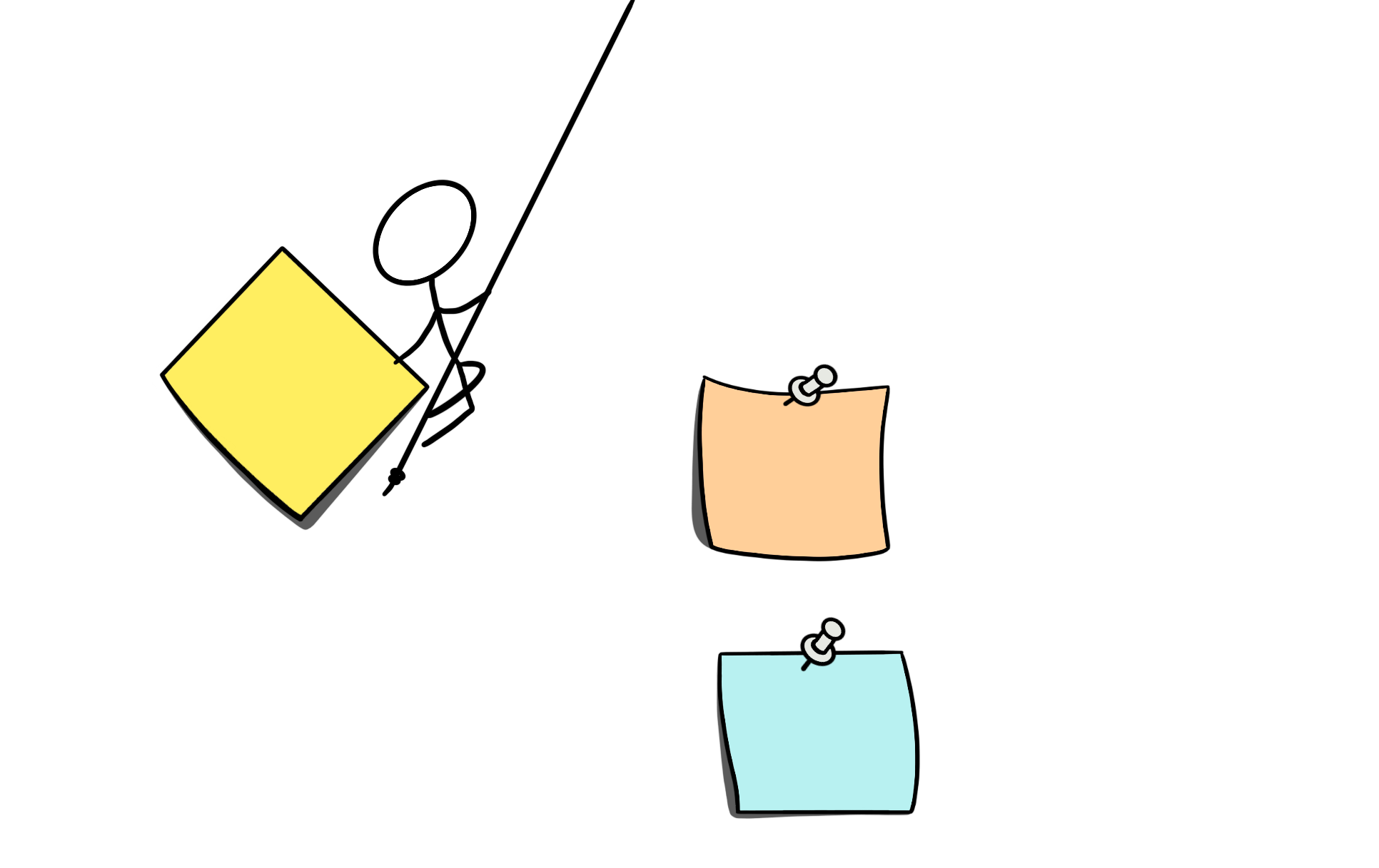 A cartoon of a stick figure swinging on a rope to plant a post-it note